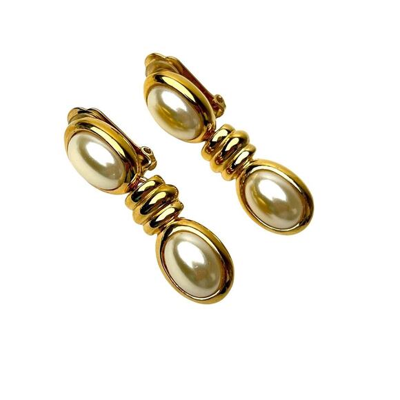 Vintage Earrings Lot 3 Faux Pearl Dangle Rhinestone Clip On Flower Gold Tone - Picture 4 of 13